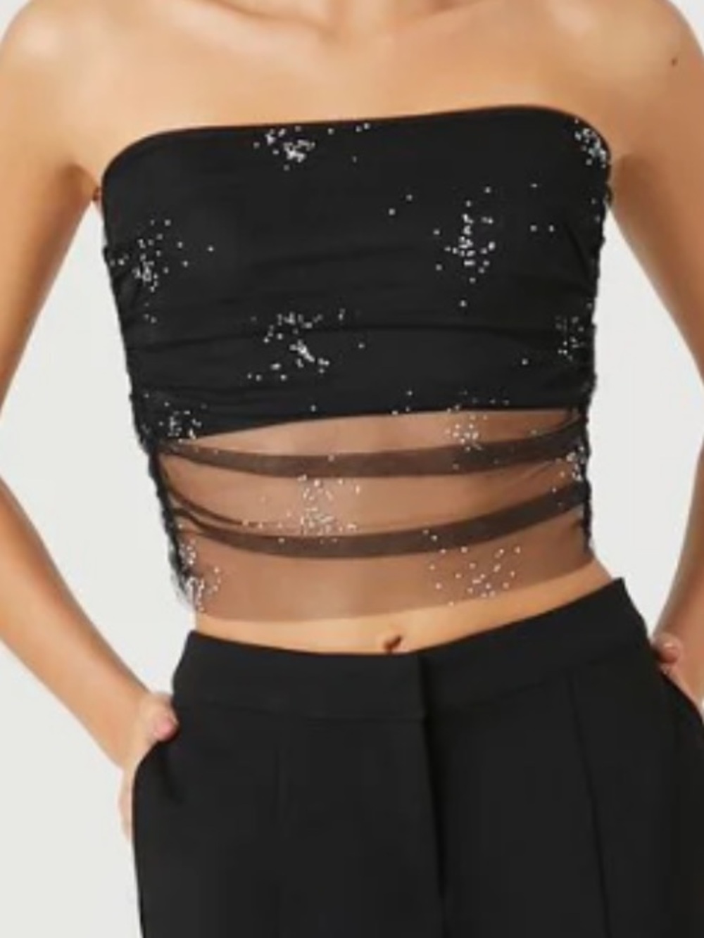Forever 21 Black Strapless Sequin Mesh Crop Top